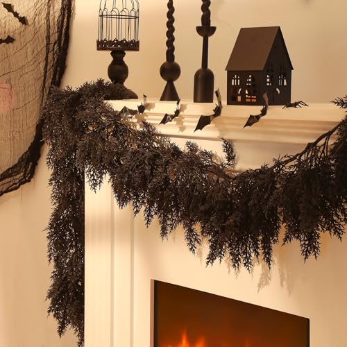 Halloween Black Artificial Cedar Garland 9ft - Spooky Decor for Indoor & Outdoor