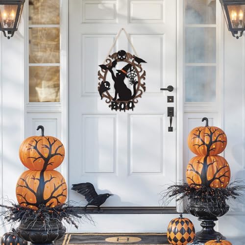 Halloween Black Cat Wooden Sign - Spooky Ghost & BOO Decor - 9x11 Inch Halloween Wall Hanging - Holiday Home Wreath & Porch Sign - Variation: Halloween