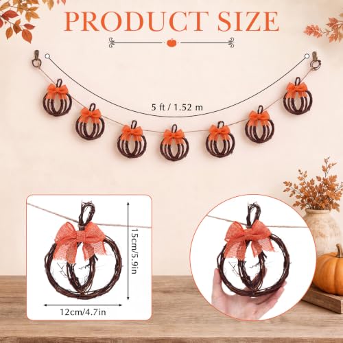 Fall Pumpkin Garland with Rattan Bows - 5 ft Farmhouse Decor, Pumpkin Variation