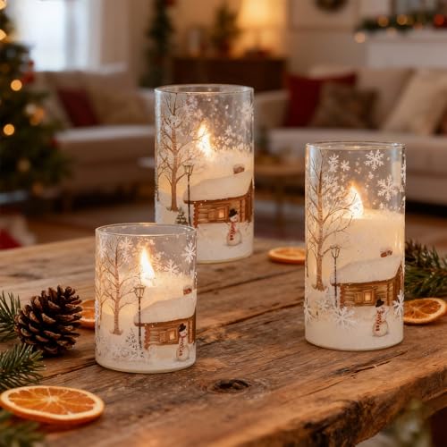 Snowman Flameless Candles with Remote & Timer - Battery Operated Christmas Holiday Decor - White LED Flickering Pillar Candles - 4 to 6 Inches - Snowman Remote Variation