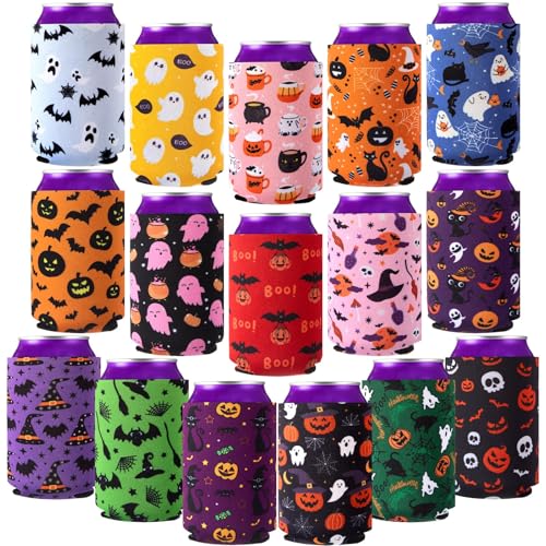 Halloween Beer Can Cooler Sleeves - 16 Styles Reusable Neoprene Drink Sleeves for 12 oz Cans - Halloween Classic Variation