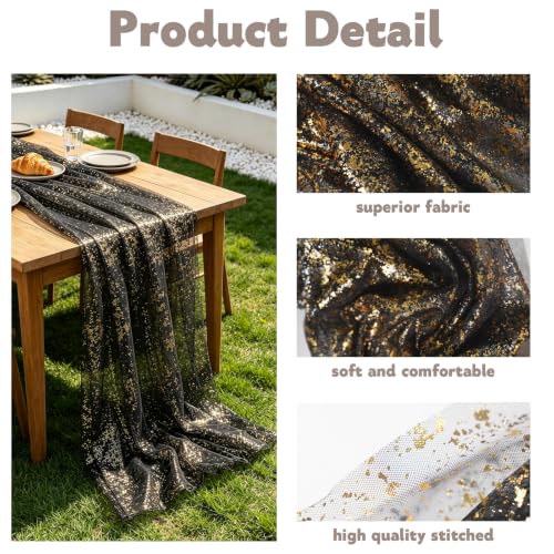 Black Gold Glitter Gauze Table Runner 120 Inch Metallic Sheer Decor - Variation: Black Gold