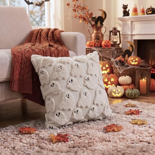 Halloween Throw Pillow Covers 16x16 Inch Set of 4 Beige Ghost - Fall Decor