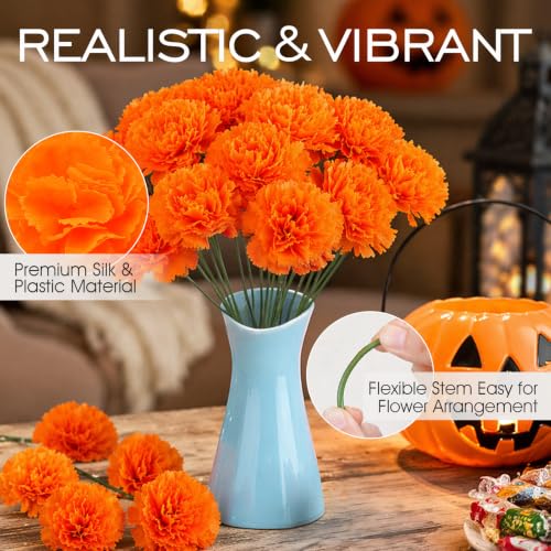 Artificial Marigold Flower Heads 50pcs Silk Flowers with Stems for Decorations