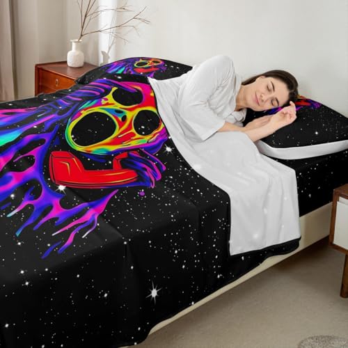 Blacklight Horror Skull Pattern Full Bed Sheets Set - Kids Halloween Bedding with Pillowcases (Variation of Multi 0108)