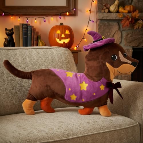 Halloween Dachshund Pillow - Dachshund Halloween Decor with Wizard Hat - 13.8 x 12.2 Inches - Halloween Dachshund Variation