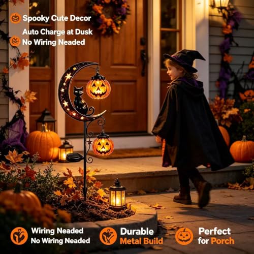 Halloween Solar Cat Garden Stake Light with Pumpkin Moon - Outdoor Yard Decor B
