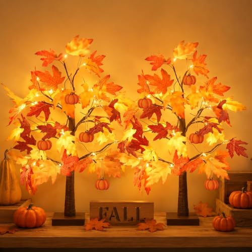 Fall Lighted Maple Tree Set - 2 Pack 24 Inch Autumn Decor with Pumpkins, Indoor Outdoor