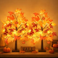 Fall Lighted Maple Tree Set - 2 Pack 24 Inch Autumn Decor with Pumpkins, Indoor Outdoor