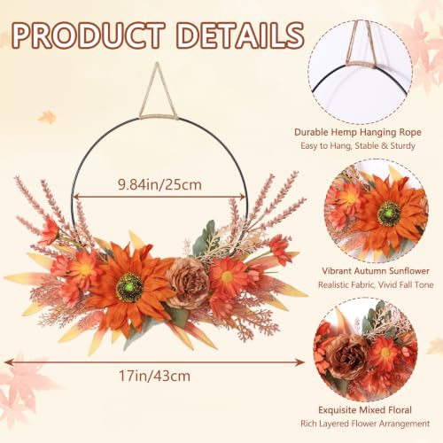 Fall Sunflower Wreath for Front Door - 17 Inch Artificial Autumn Decor - Orange Flowers
