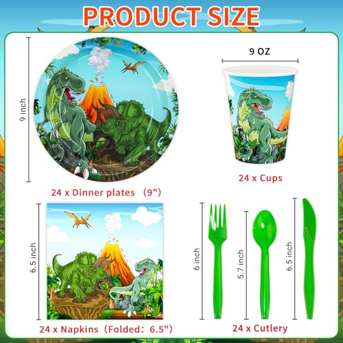 Dinosaur Party Supplies Set for Kids - Plates, Napkins, Cups & Cutlery, Serves 24