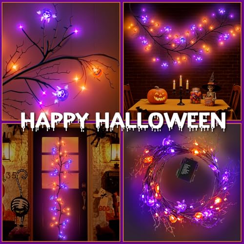 Halloween Willow Vine Twig Lights - Pumpkin & Bat Decor Set, 6ft Waterproof String with Timer