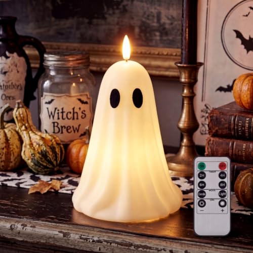 Large Ghost Flameless Candle with Timer - White Halloween LED Candle - 4.3 x 7.9 Inches