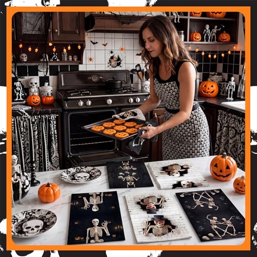 Skeleton Halloween Skull Kitchen Towels - Gothic Dish Hand Towels - 6 Pack