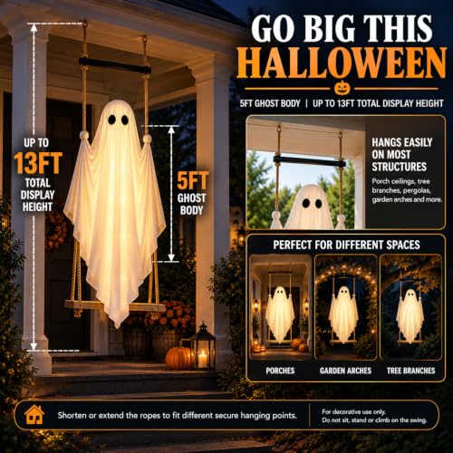 5FT Light-Up Hanging Ghost for Halloween Porch Yard Tree Decor