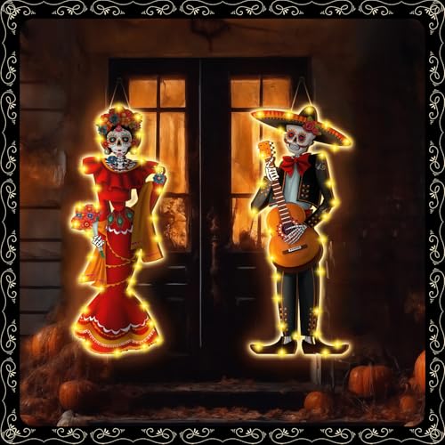 2 Pcs Dia De Muertos Porch Decorations with Wooden Skeleton Bride and Groom
