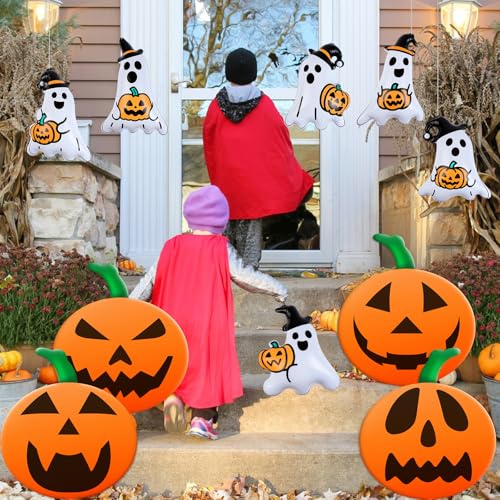 Halloween Inflatable Balloons Set - 10 Pieces with Pumpkin & Ghost Designs - Orange & White, 9 & 16 Inch