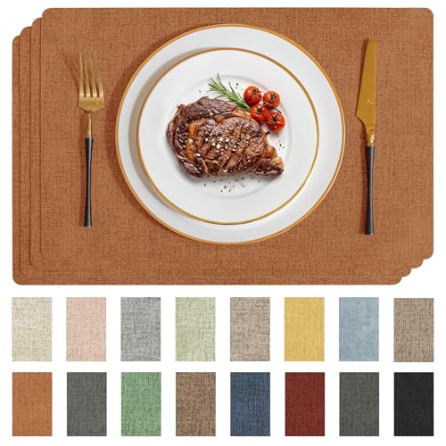 Faux Leather Vinyl Placemats Set of 4 - Orange, Rectangular, Heat-Resistant
