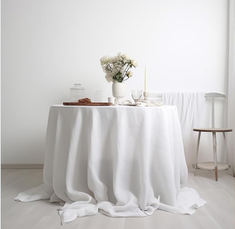 EVERLY 100% Pure Linen Round Tablecloth 120 Inch White for Weddings & Events