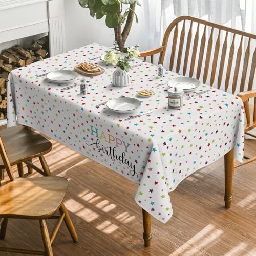 White Happy Birthday Tablecloth 60x104 Inch Rectangular - Durable Polyester