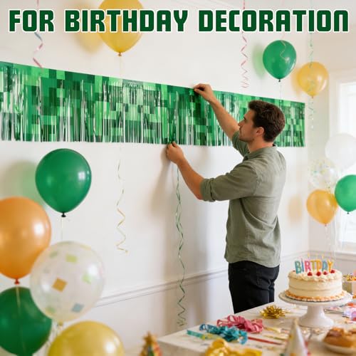 Green Pixel Float Decorations Foil Fringe Garland 2 Pack - 10 Ft for Gaming Theme Parties