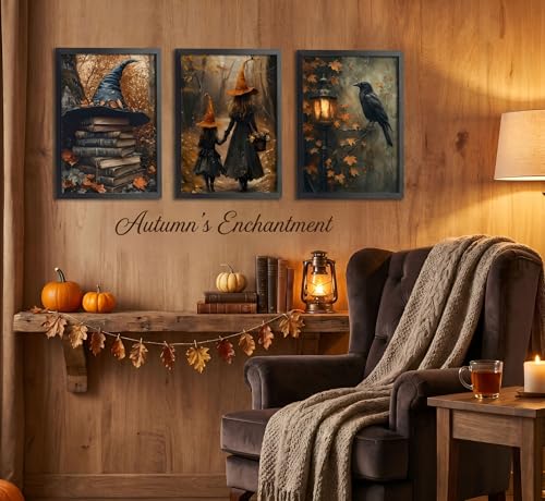 Halloween Canvas Wall Art Set - 3 Pieces 16x12 Inches Framed Gothic Witch Books Crow Autumn Decor