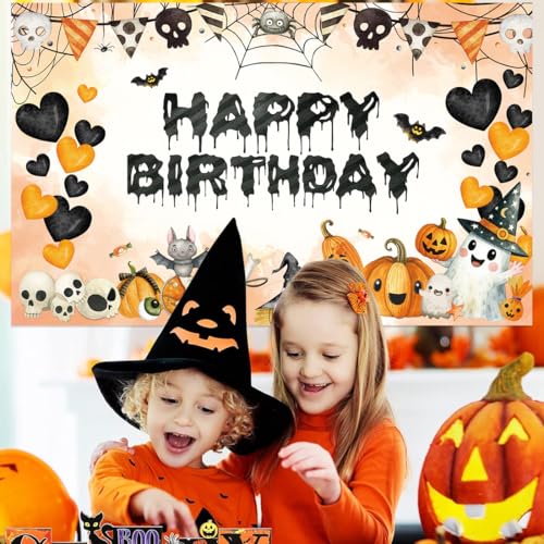 Halloween Birthday Banner Backdrop - Black Halloween Party Decor 70x43 Inch