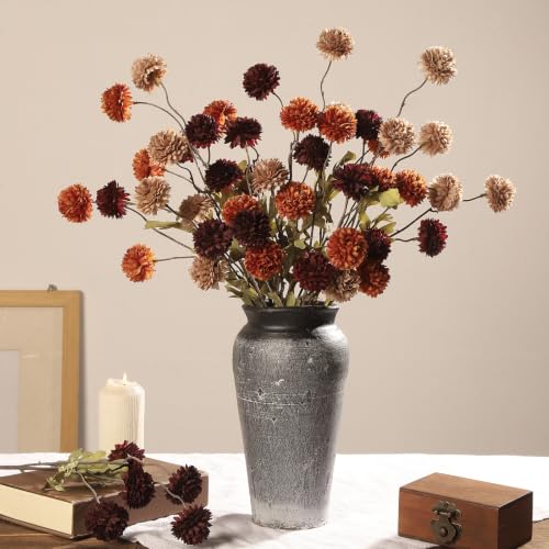 Artificial Flowers Mix 9pcs Faux Silk Chrysanthemum Stems - Coffee, Burgundy & Burnt Orange