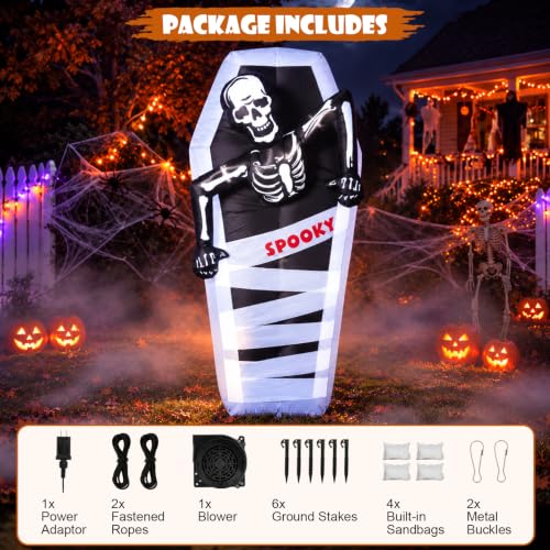7FT Lighted Inflatable Halloween Tombstone with Skeleton and Coffin