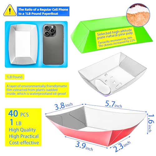 40 Pack Colorful 1Lb Paper Food Trays Disposable Kraft Boat Plates for Snacks & BBQ - Variation: 1Lb-40Pack