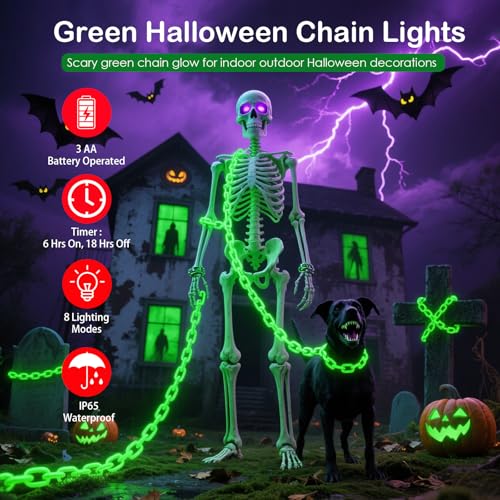 Green Battery Operated Halloween Lights 10Ft with 8 Modes & Timer - Indoor Outdoor Decor