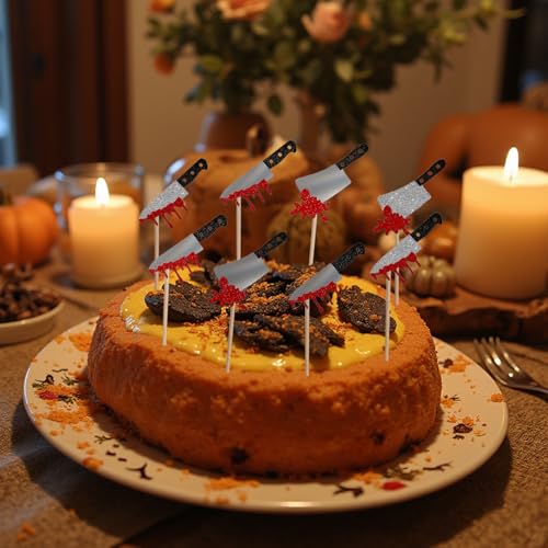 Halloween Cupcake Toppers with Bloodstained Knife Design - 24 Pcs Party Decorations