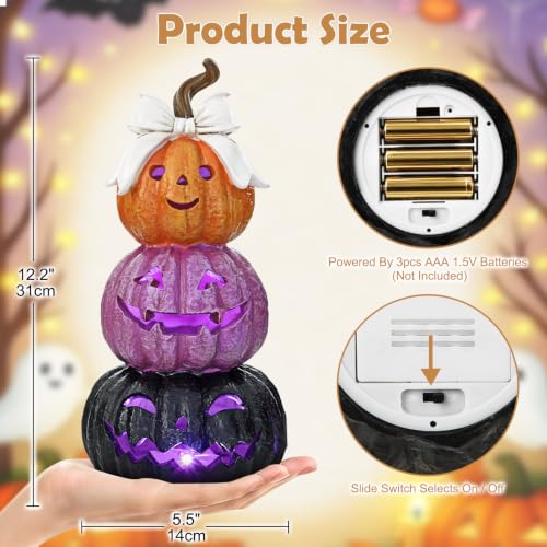 Fall Halloween LED Jack O' Lantern Pumpkin 3-Tier Resin Decor with Bow