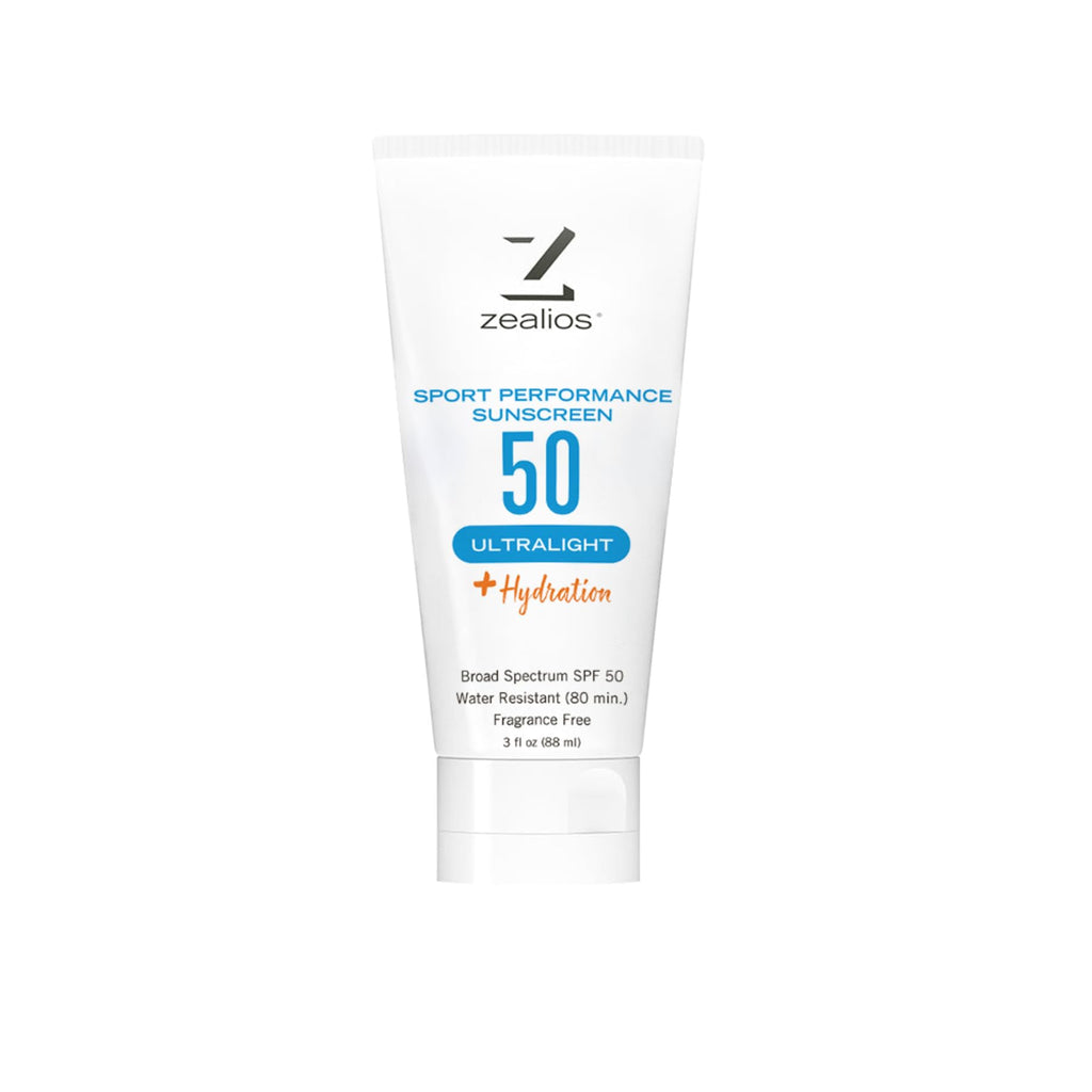Zealios Sport Performance Ultralight SPF 50 Sunscreen +Hydration, 3 oz Tube, Broad Spectrum, Water & Sweat Resistant (80 min) Non-Greasy, Fragrance-Free Lotion for Swimming, Running & Cycling