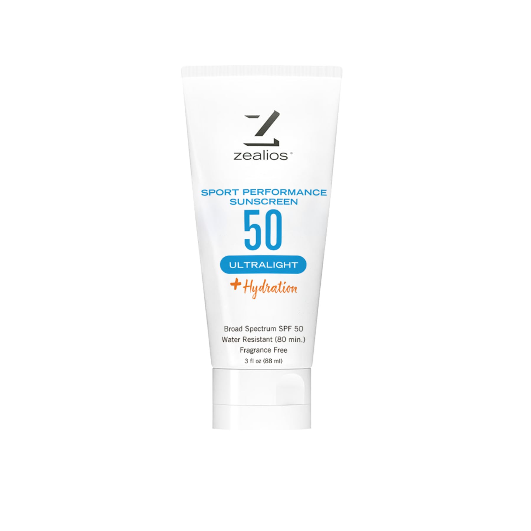 Zealios Sport Performance Ultralight SPF 50 Sunscreen +Hydration, 3 oz Tube, Broad Spectrum, Water & Sweat Resistant (80 min) Non-Greasy, Fragrance-Free Lotion for Swimming, Running & Cycling