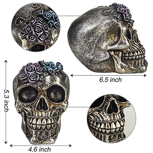 Small Silver Skull Statue with Roses & Beads - Halloween Day of The Dead Decor