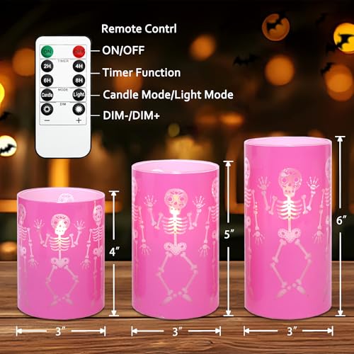 Pink Skeleton Flameless Candles with Haunted Skeleton Decals - Halloween Decor