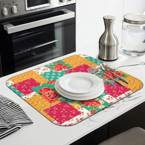Floral Dish Drying Mat 16x18 Inch - Farmhouse Microfiber Kitchen Counter Protector - Washable & Absorbent