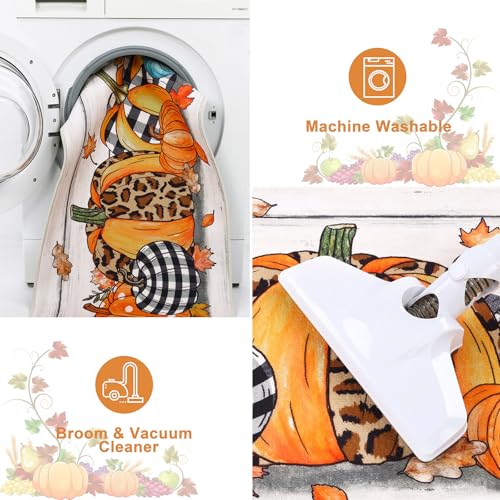 Fall Kitchen Rug Set of 3 - Washable Pumpkin and Plaid Runner Mats with Non-Slip Backing - Leopard Pumpkins Variation