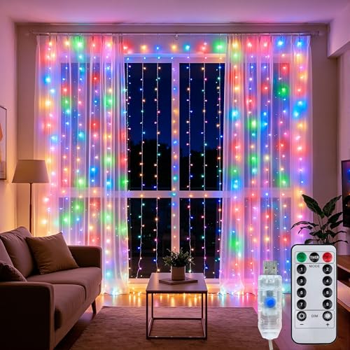 Multicolor LED Curtain String Lights Indoor Waterproof 300LED with Timer & 8 Modes
