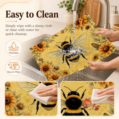 Farmhouse Bee Floral Linen Placemats Set of 6 - Waterproof Washable Table Mats