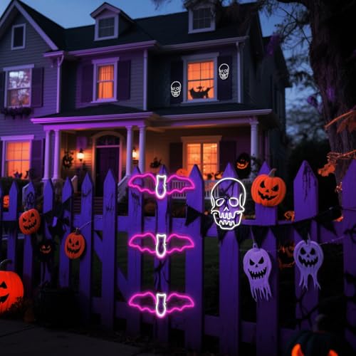LED Neon Bat Lights Halloween Decor - 3 Pack Pink & White Hanging Bats, 20 Inches, Outdoor Waterproof