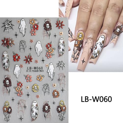 Halloween Ghost Nail Stickers 4 Sheets with Flower & Spider Web Designs - DIY Nail Art Decals