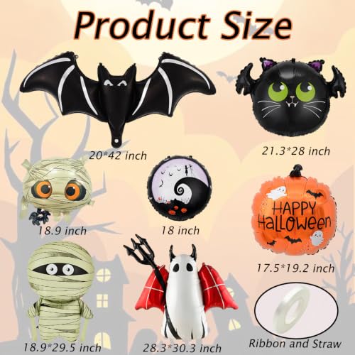 Halloween Foil Balloons Set - Bats, Mummy, Pumpkin & Ghost Decorations