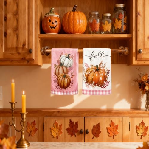 Fall Kitchen Towels Pink Pumpkin Buffalo Plaid Set - 4 Pcs