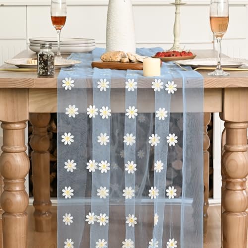 28x120 Inch Sky Blue Daisy Gauze Embroidery Table Runner for Dining & Holiday Decor