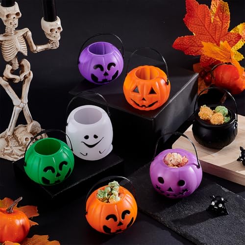 Mini Halloween Candy Holder Set - Pumpkin Ghost Cauldron Buckets in 5 Colors, 12-Pack