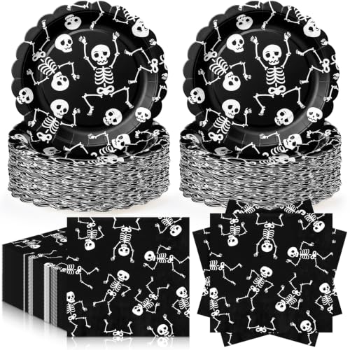 Halloween Skeleton Plates and Napkins Set - Black for 48 Guests
