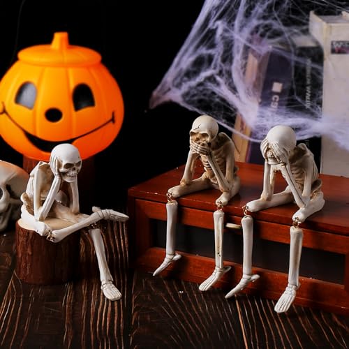 Halloween Skeleton Decor Set of 3 See No Evil Hear No Evil Speak No Evil Figurines