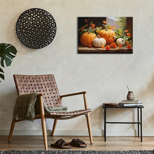 Pumpkin Canvas Wall Art - Fall Autumn Decor with Maple Leaf - 24x16 Inch Pumpkin